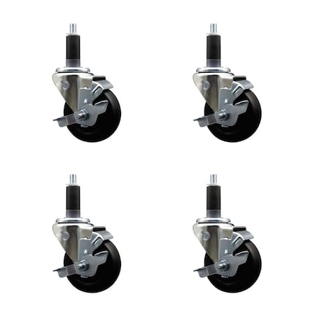 Service Caster 3.5'' Soft Rubber Swivel 1-1/8'' Expanding Stem Caster Set with Brake, 4PK SCC-EX20S3514-SRS-TLB-118-4